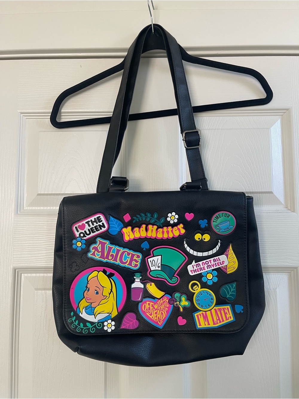 Loungefly Disney Alice in Wonderland Sticker Icons Faux Leather Saddle Bag